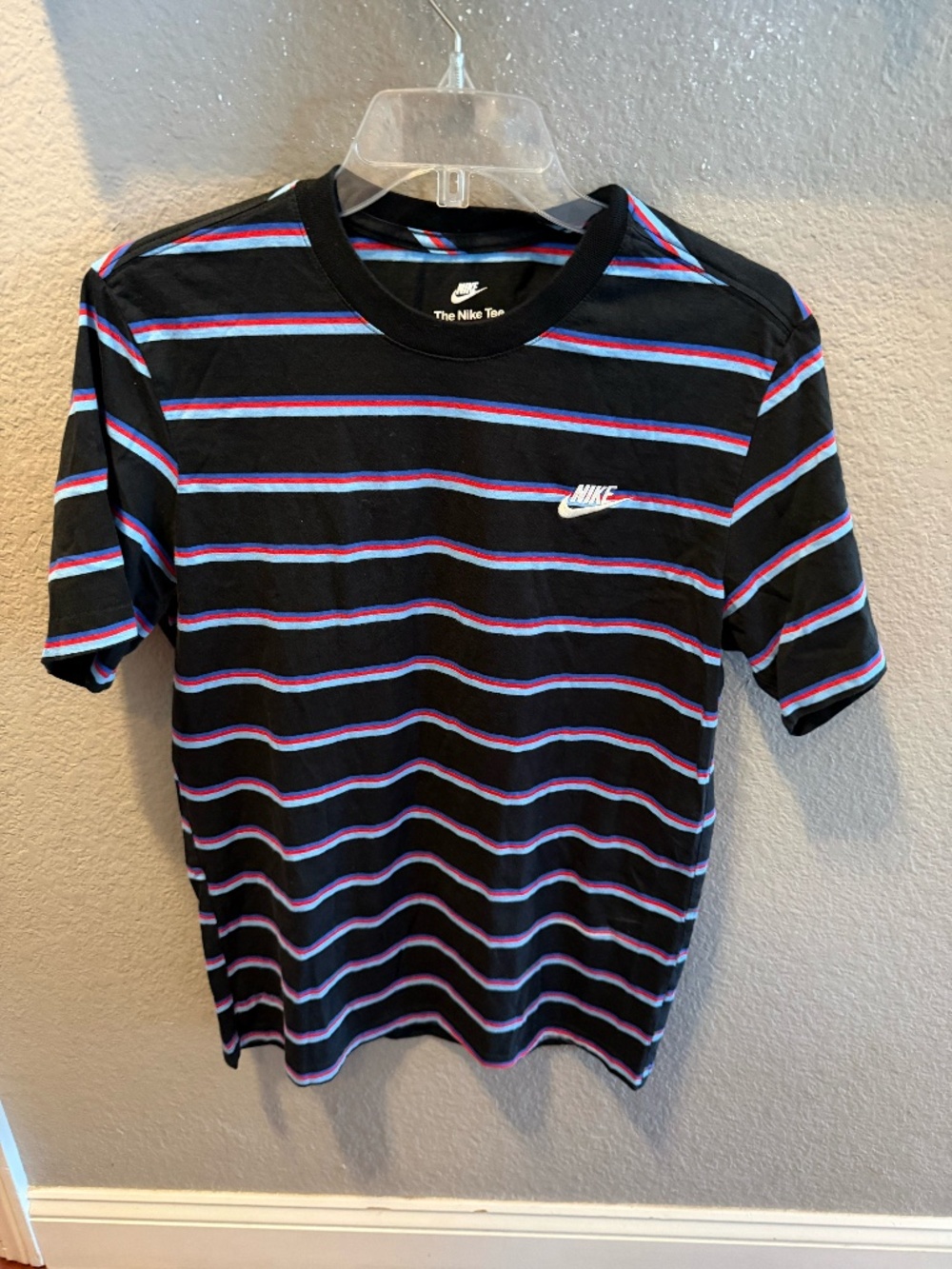 Nike The Nike Tee Men M Black Striped T Shirt Blue Red Embroidered Swoosh EUC
